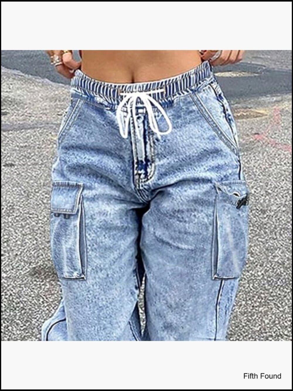 Mid Rise Cargo Jeans Elastic Waist Stretch Wide Leg Denim Pants with Pockets - Picture 5 of 7